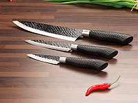 TokioKitchenWare 3-tlg. Messerset, Antihaft-Beschichtung, Hammerschlag-Design; Damast-Santoku-Küchenmesser 